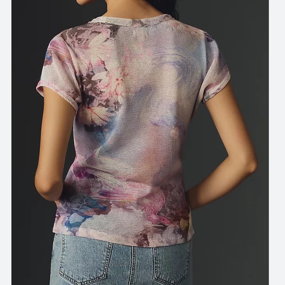 Pilcro Anthropologie NWT Floral Mesh Short Sleeve Top - Pink and Purple Small - Picture 7 of 7